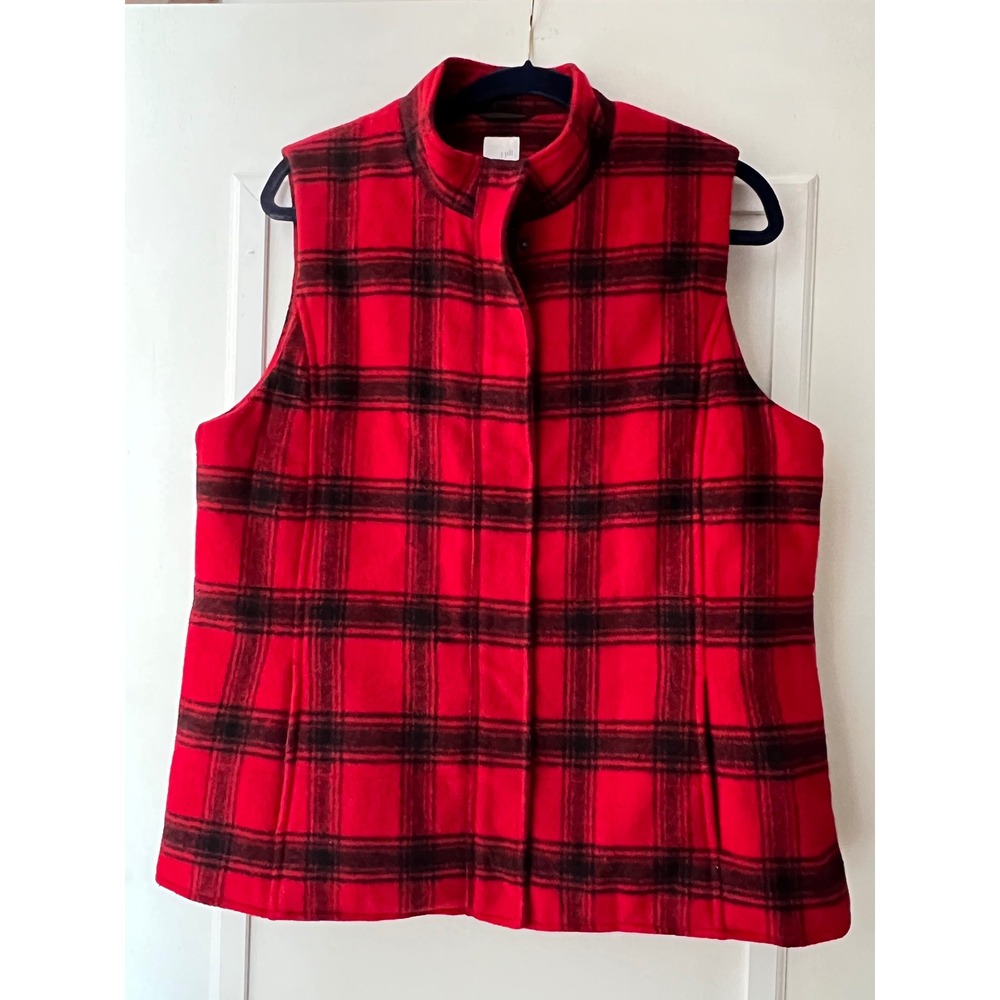 J. Jill Womens Red Black Buffalo Plaid Zip Front Vest Wool Large 44x28 Pockets